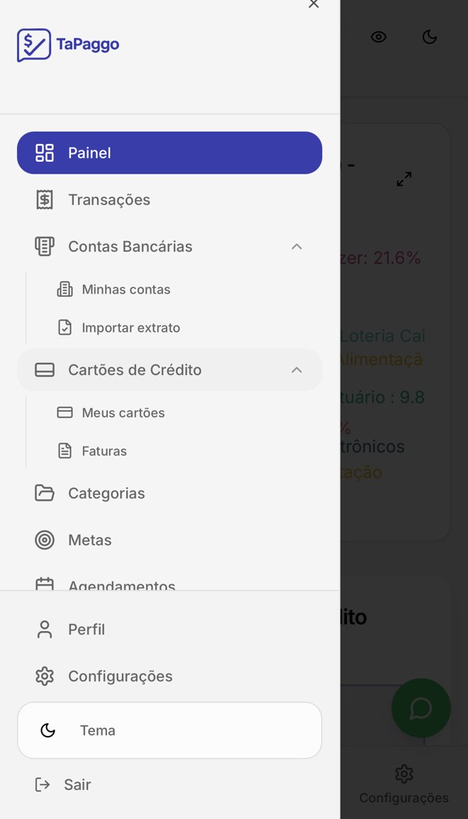 Menu do aplicativo TaPaggo com contas, cartões, categorias e metas